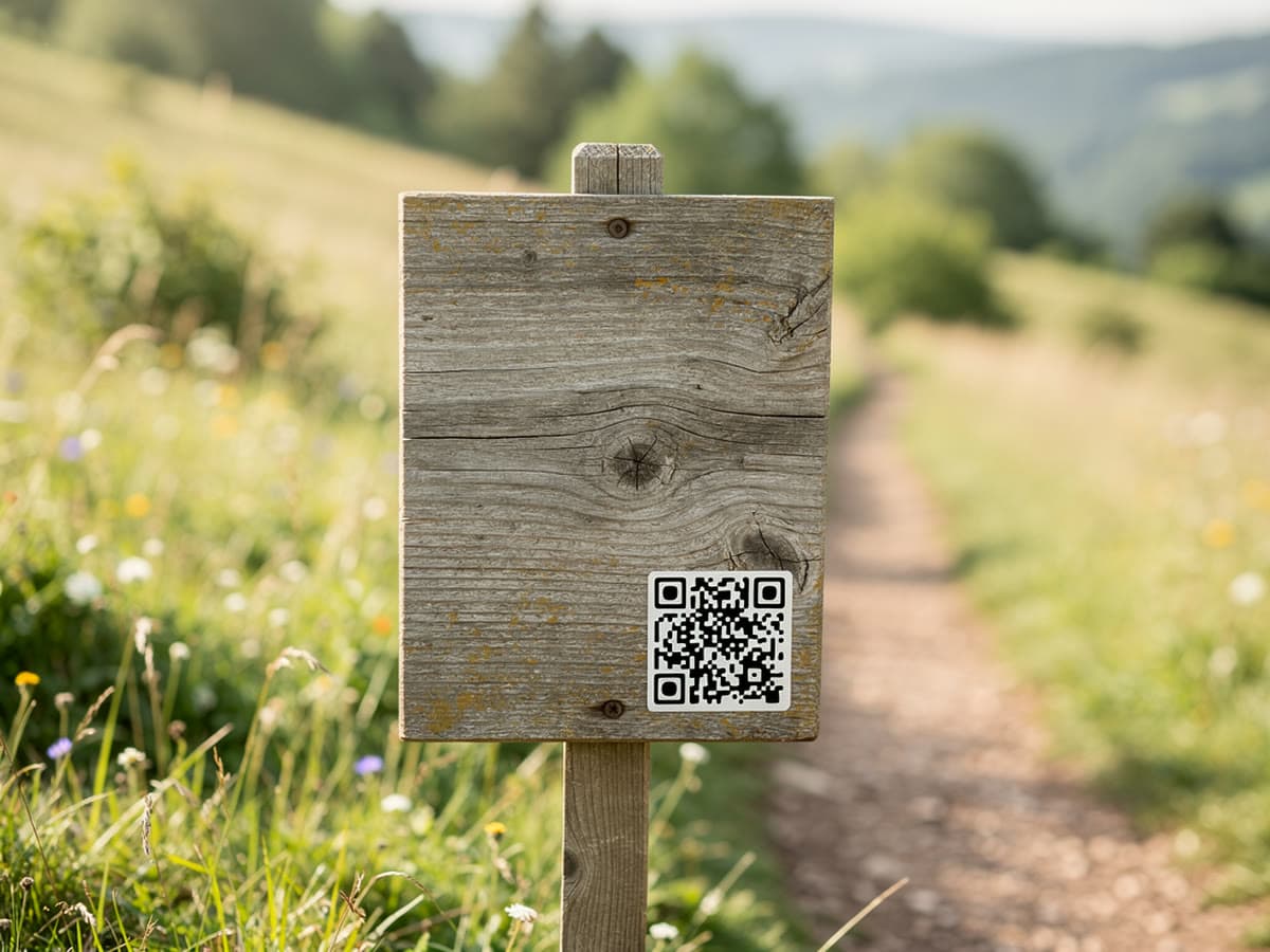 Hölzerne Informationstafel an einem Wanderweg mit kleinem QR-Code am unteren Rand